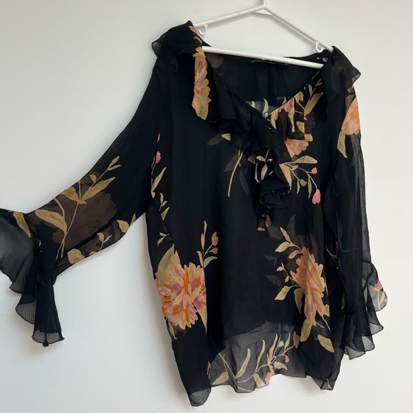 Polo Ralph Lauren (S) 100% Silk Floral Ruffle Sheer Black Work Career Blouse - Picture 7 of 12